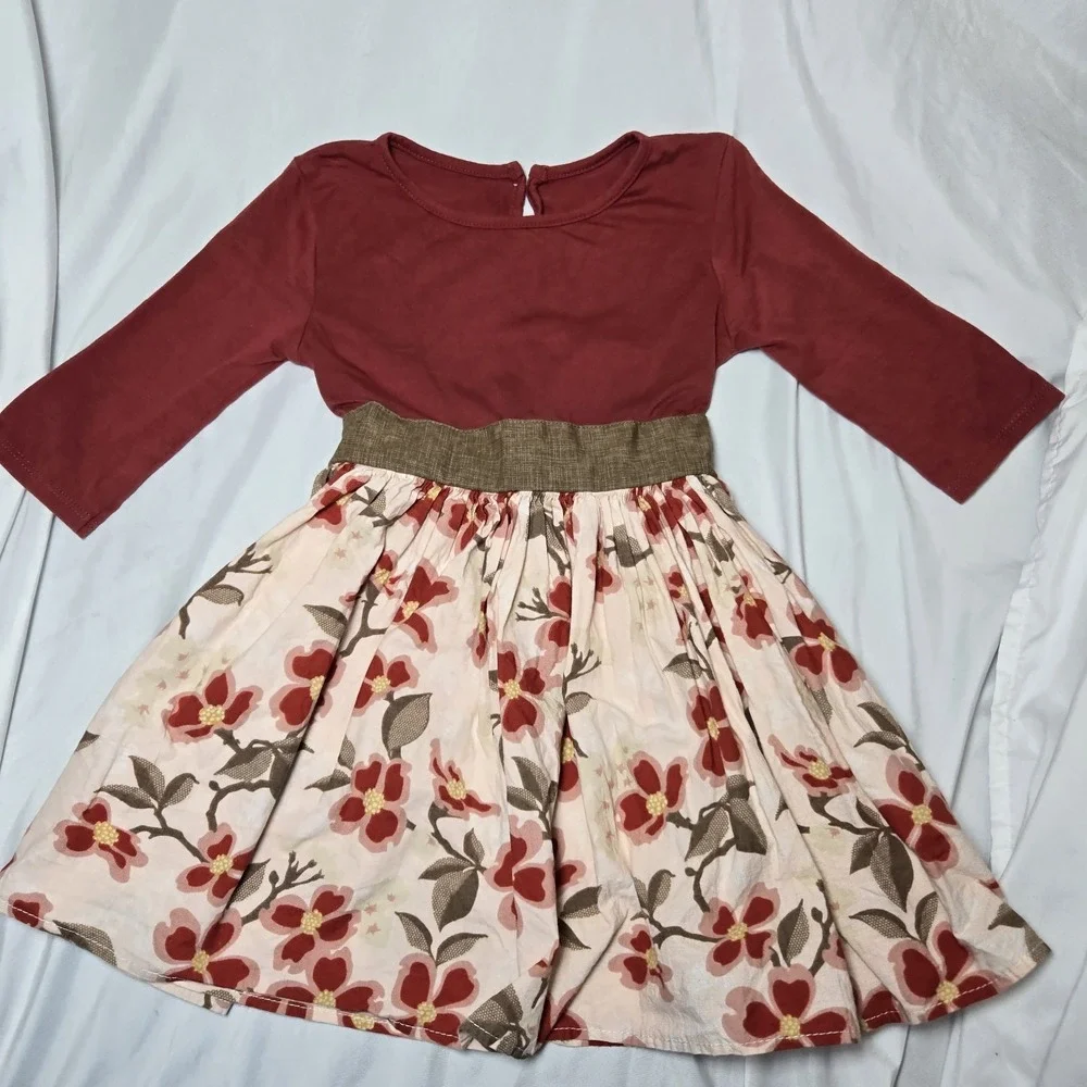 Persnickety Girls 6 Dress Floral Brick Red Tie Back Flare Skirt Modest Cottage‎